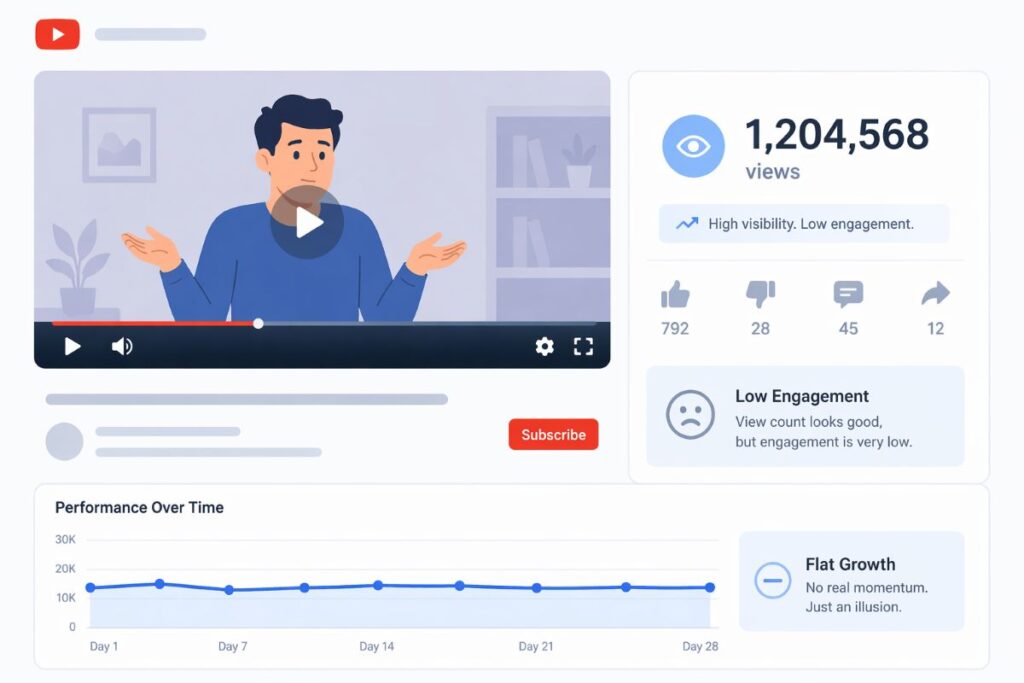 Is Buying YouTube Views Worth It in 2026? Illustration of YouTube video with high view count but low engagement and flat growth showing misleading performance signals