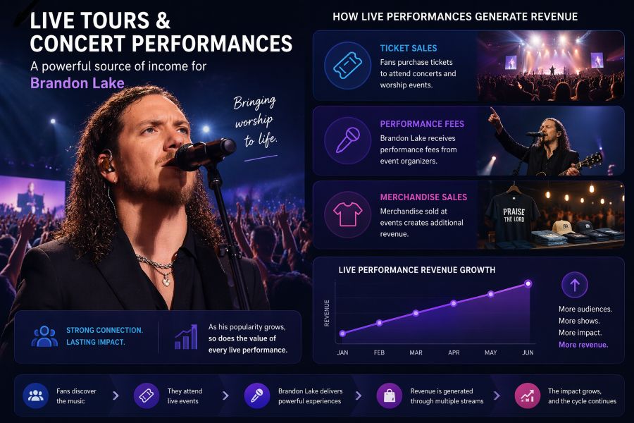 Infographic showing how Brandon Lake earns income from live tours and concert performances, including ticket sales, performance fees, merchandise revenue, and a growing earnings chart over time.