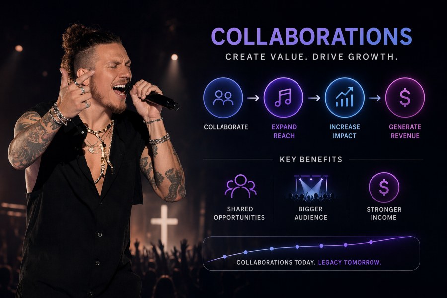 Concert showing Brandon Lake singer performing alongside a simple flow of collaboration leading to audience growth and increased revenue, highlighting how music partnerships expand reach and income.