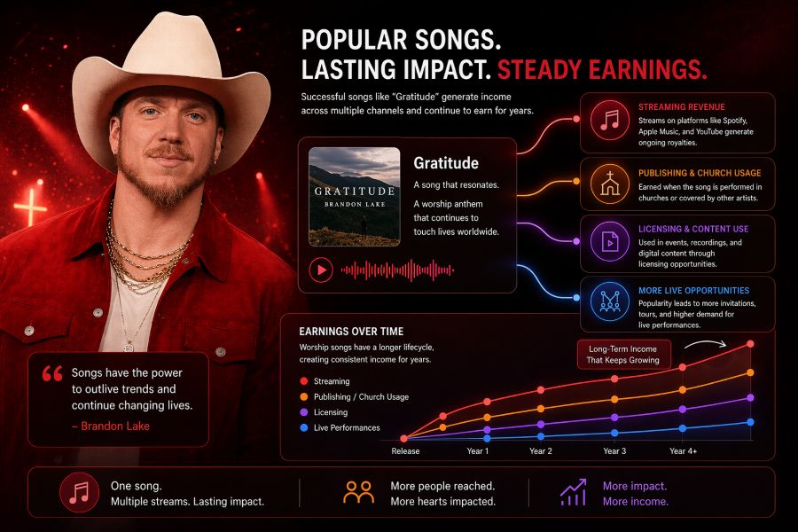 Infographic showing how Brandon Lake’s song “Gratitude” generates long-term income through streaming, church usage, licensing, and live performances, with a multi-line graph illustrating steady earnings growth over time.