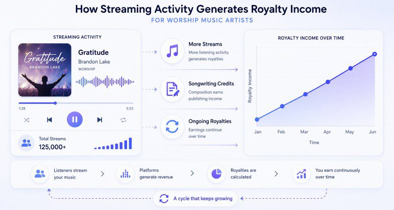 Dashboard-style illustration showing how streaming activity for “Gratitude” by Brandon Lake generates royalty income over time, including a music player, income flow steps, and an upward-trending earnings graph.
