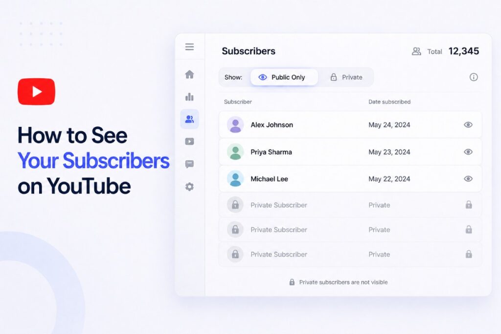Illustration showing YouTube subscriber list with visible public users and hidden private subscribers in dashboard view