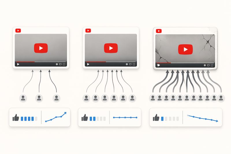 YouTube videos receiving increasing external views over time while engagement drops and growth declines illustrating dependency on paid traffic