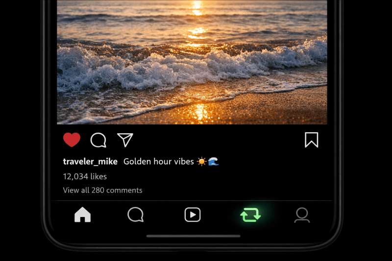 Close-up of Instagram post interface in dark mode showing the repost button (two arrows) highlighted at the bottom navigation bar, indicating how users can repost content directly from the feed.