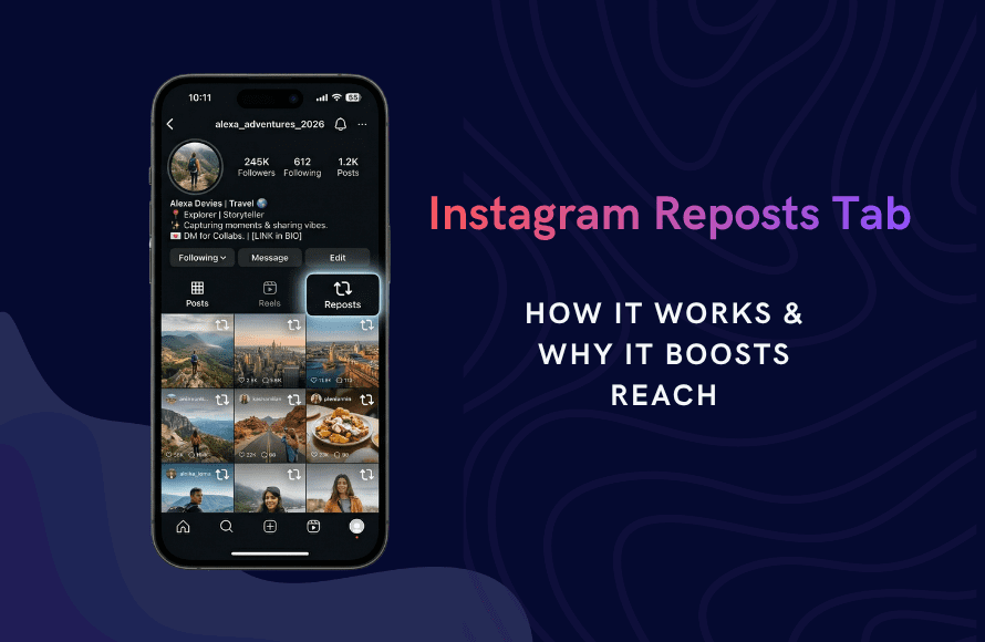 Instagram Reposts Tab: The Complete Guide for 2026 Instagram profile screen in dark mode showing the Reposts tab highlighted with a grid of reposted content, alongside text explaining how the feature works and boosts reach in 2026.