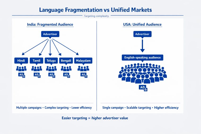 Split diagram comparing India’s fragmented audience with multiple language groups (Hindi, Tamil, Telugu, Bengali, Malayalam) requiring separate ad campaigns, versus the USA’s unified English-speaking audience targeted with a single scalable campaign, highlighting differences in efficiency and advertiser value.