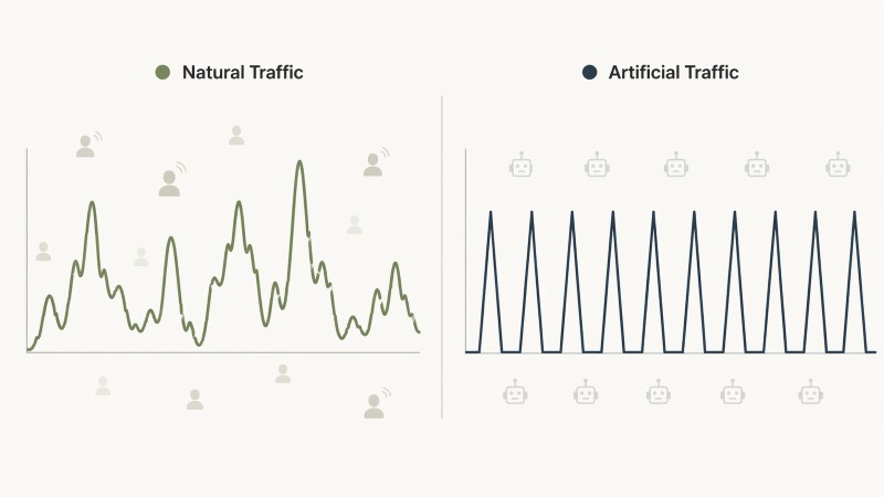 Comparison of YouTube traffic patterns showing irregular, messy spikes for natural human views and perfectly uniform, repeated spikes for artificial or bot-driven traffic