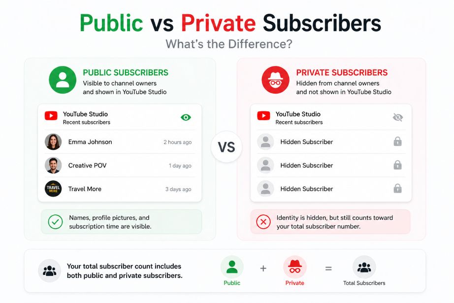 Comparison of public and private YouTube subscribers showing visible subscriber details versus hidden accounts that still count toward total subscribers