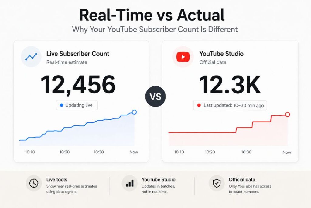 Comparison of real-time subscriber count and YouTube Studio subscriber count showing delayed updates and rounded numbers