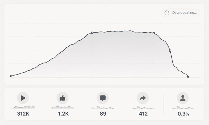 Analytics-style dashboard showing YouTube views rising, flattening into a plateau, then dropping sharply, alongside metrics with high views but low likes, comments, and engagement rate