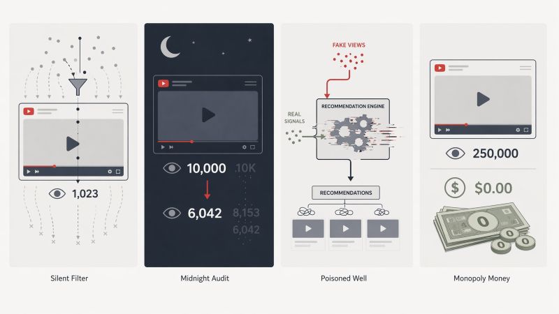 Four-panel illustration showing how YouTube handles fake views, including silent filtering of views, sudden drops during audits, corrupted recommendation signals, and high views generating no revenue