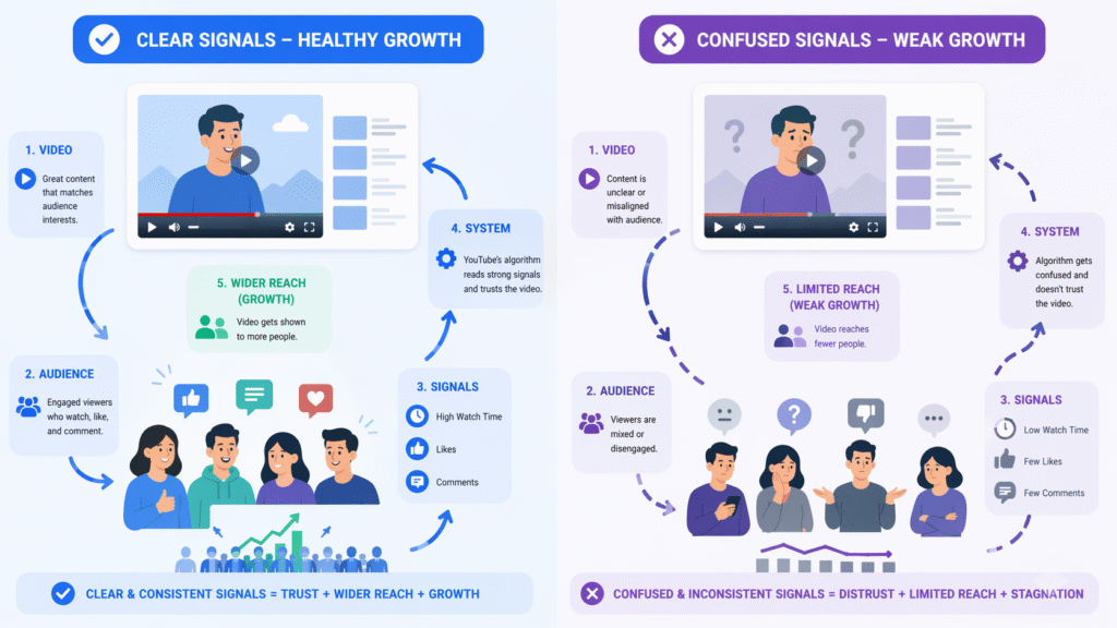 Illustration of YouTube feedback loop showing how strong audience engagement signals improve content distribution while weak signals cause poor reach and growth