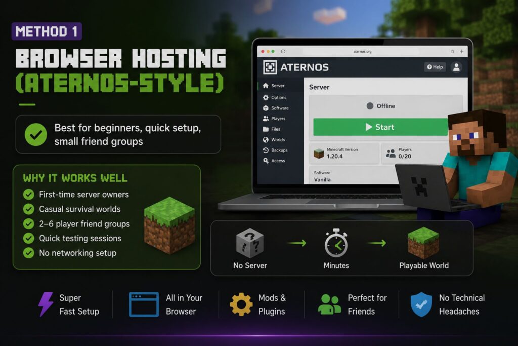 Minecraft graphic showing browser-based server hosting using an Aternos-style dashboard, highlighting beginner-friendly setup, quick launch, small friend groups, browser management, mods/plugins support, and no networking configuration required.