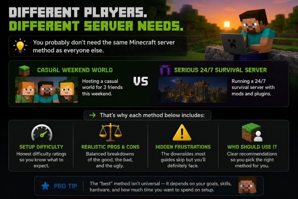 Minecraft infographic comparing different server hosting needs, showing casual friend servers vs 24/7 survival servers and highlighting setup difficulty, pros and cons, hidden frustrations, and recommended users for each method.