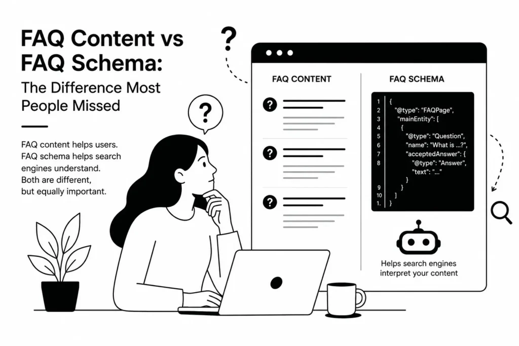 comparing FAQ content and FAQ schema, showing a person analyzing questions and structured data inside a split-screen webpage layout.