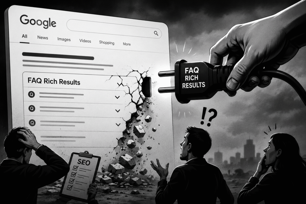 illustration of a giant Google search results page cracking apart as a hand pulls the plug on FAQ Rich Results, while confused SEO professionals watch in shock.