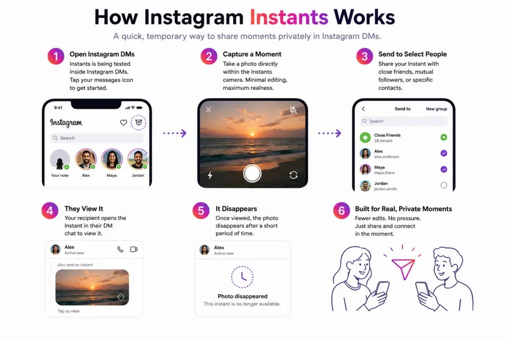 Step-by-step infographic explaining how Instagram Instants works inside Instagram DMs, including capturing temporary photos, sending to close friends, disappearing content, and private real-time sharing