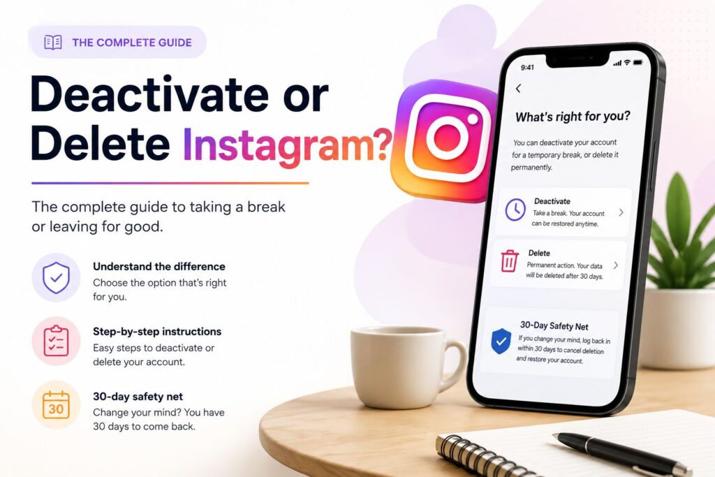 image showing Instagram account deactivation and deletion options on a smartphone screen, alongside icons representing account recovery, step-by-step guidance, and Instagram’s 30-day safety net for restoring deleted accounts.