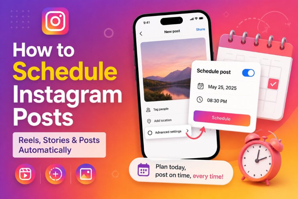 Instagram post scheduling with a calendar, schedule post card, and Instagram-style interface for scheduling reels, stories, and posts automatically.