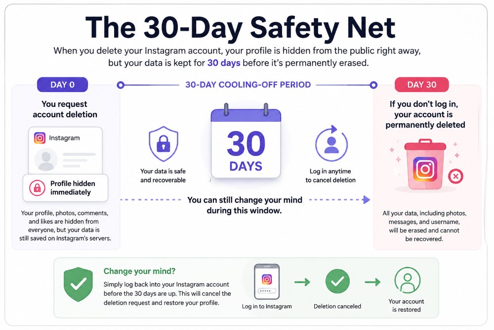 Infographic explaining Instagram’s 30-day account deletion safety net, showing that profiles are hidden immediately after deletion request but can still be restored by logging back in before the 30-day deadline.