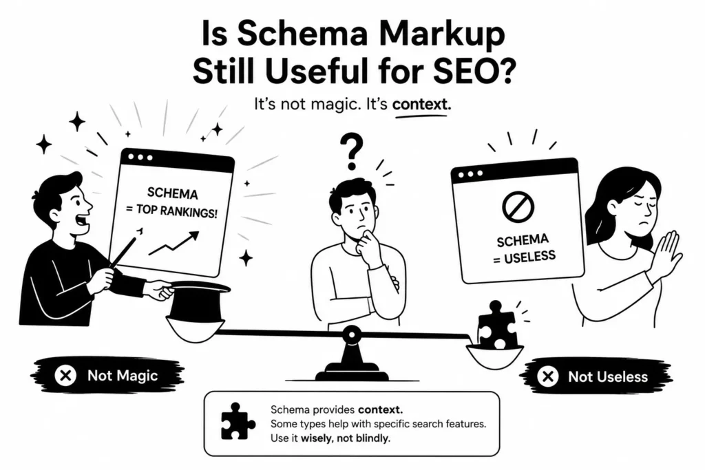 illustration showing two extreme opinions about schema markup, with one side treating it like magic for rankings and the other dismissing it completely, while a central figure balances both perspectives.