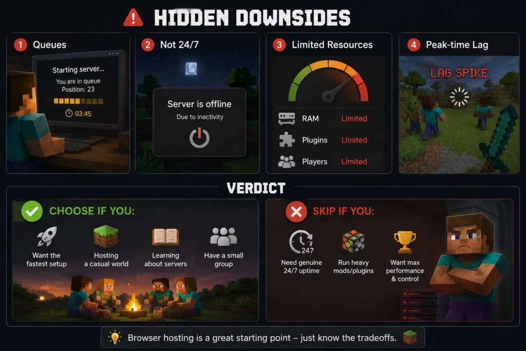 Minecraft infographic showing the hidden downsides of browser-based server hosting, including server queues, inactivity shutdowns, limited resources, peak-time lag, and a choose vs skip verdict for beginners, casual worlds, small groups, and advanced hosting needs.