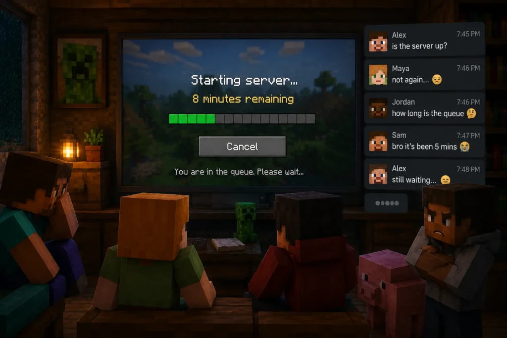 Minecraft-style scene showing players waiting for a free server to launch, with a loading screen displaying “Starting server… 8 minutes remaining,” chat notifications piling up, and frustrated players sitting around the screen.