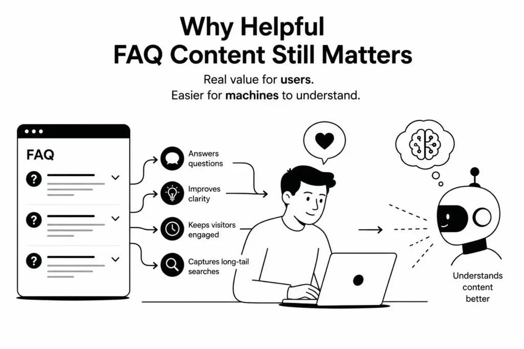 illustration showing FAQ content helping both users and AI systems understand information through clear questions, answers, and structured content.
