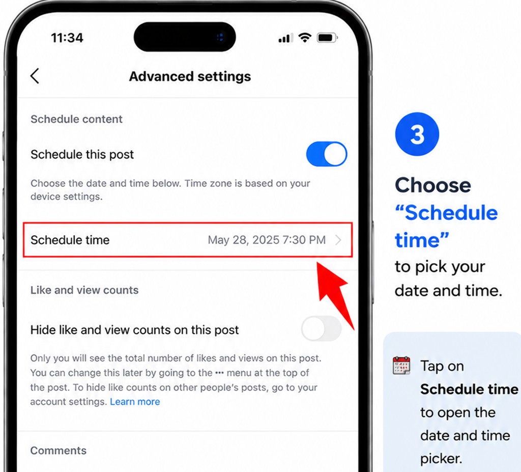 schedule time for posts on Instagram