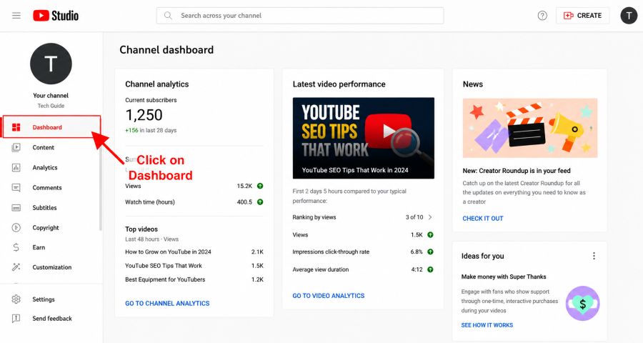 click on dashboard in youtube studio