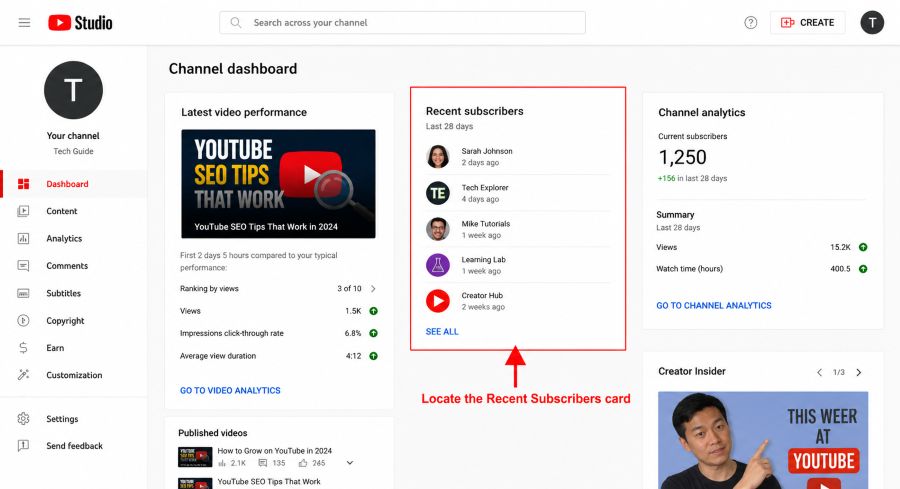 recent subscribers card in youtube studio