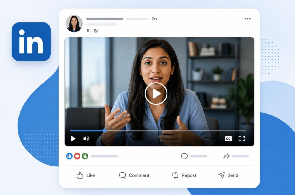 Illustration of a native LinkedIn video post playing directly in the LinkedIn feed with engagement buttons and video controls.