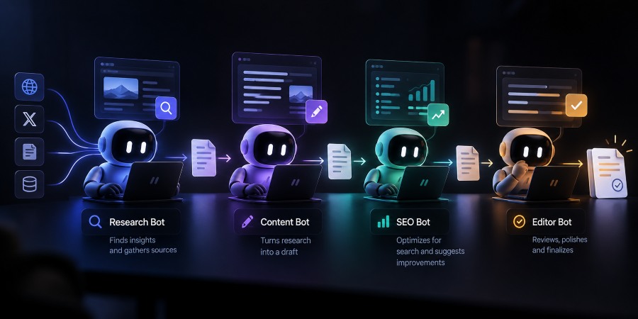 A Research Bot discovers interesting topics.
A Content Bot turns the research into an article.
An SEO Bot reviews the article and identifies search opportunities.
An Editor Bot checks the final draft.
