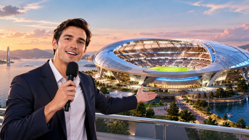 Introduce an Imaginary Sports Arena Through a Virtual Presenter real looking arena
